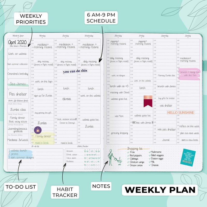 GoGirl Planner PRO Schedule - Undated Planner with Hourly Time Slots, Monthly, Weekly & Daily Organizer, Appointment Book for time Management, 7"x10" Hardcover, Lasts 1 Year - Turquoise - Image 3